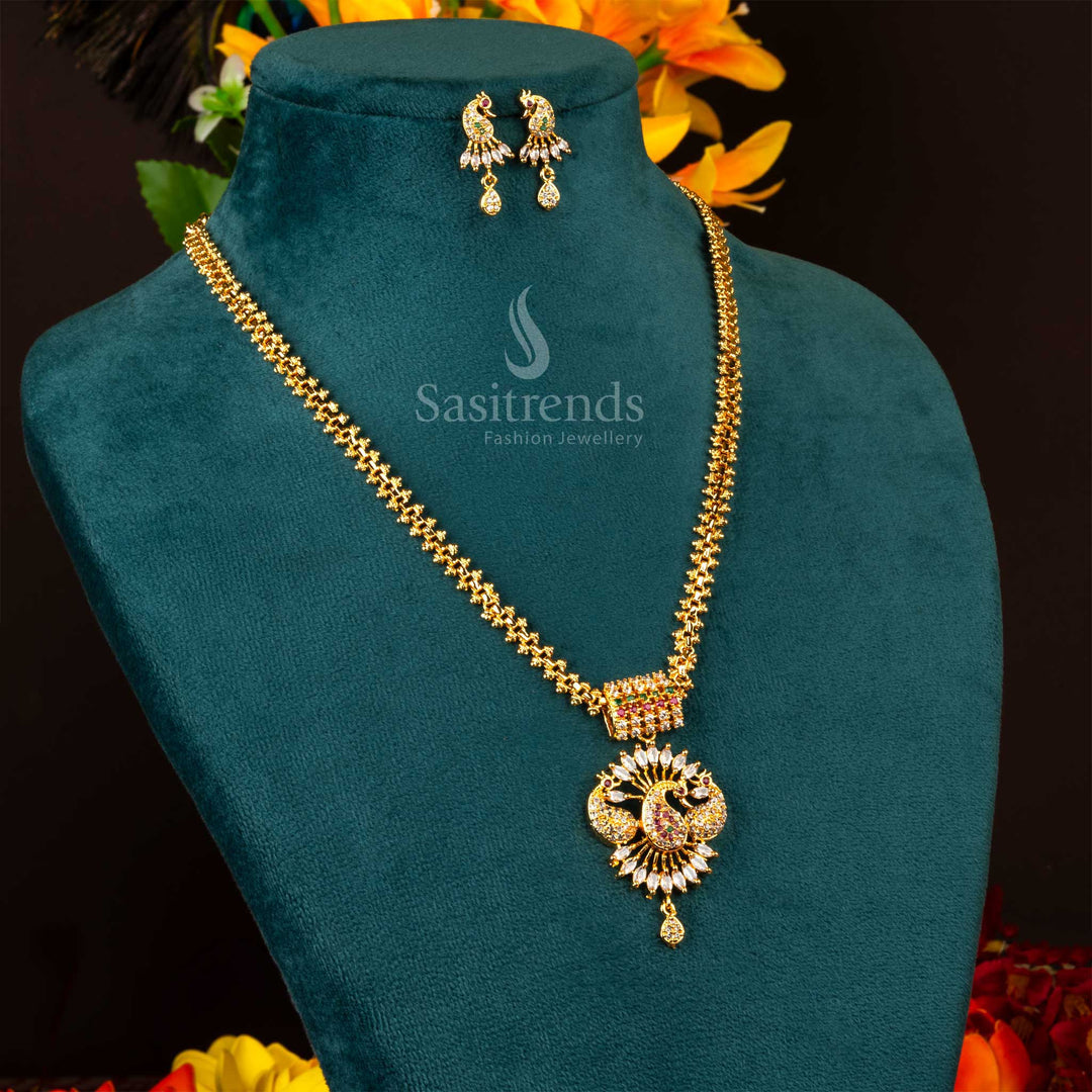 Vibrant multicolour peacock long Gajiri jewellery set with micro gold plating and American diamond stones, a perfect blend of fusion festive glamour and cultural brilliance – Sasitrends