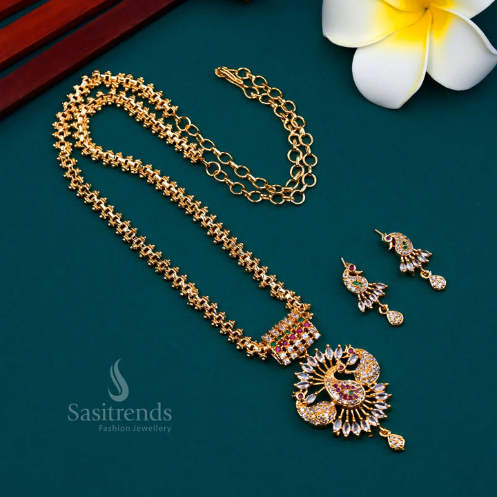 Multicolour stone peacock Gajiri jewellery set in micro gold plating with shimmering American diamond highlights, made for grand traditional wear and ethnic occasions – Sasitrends