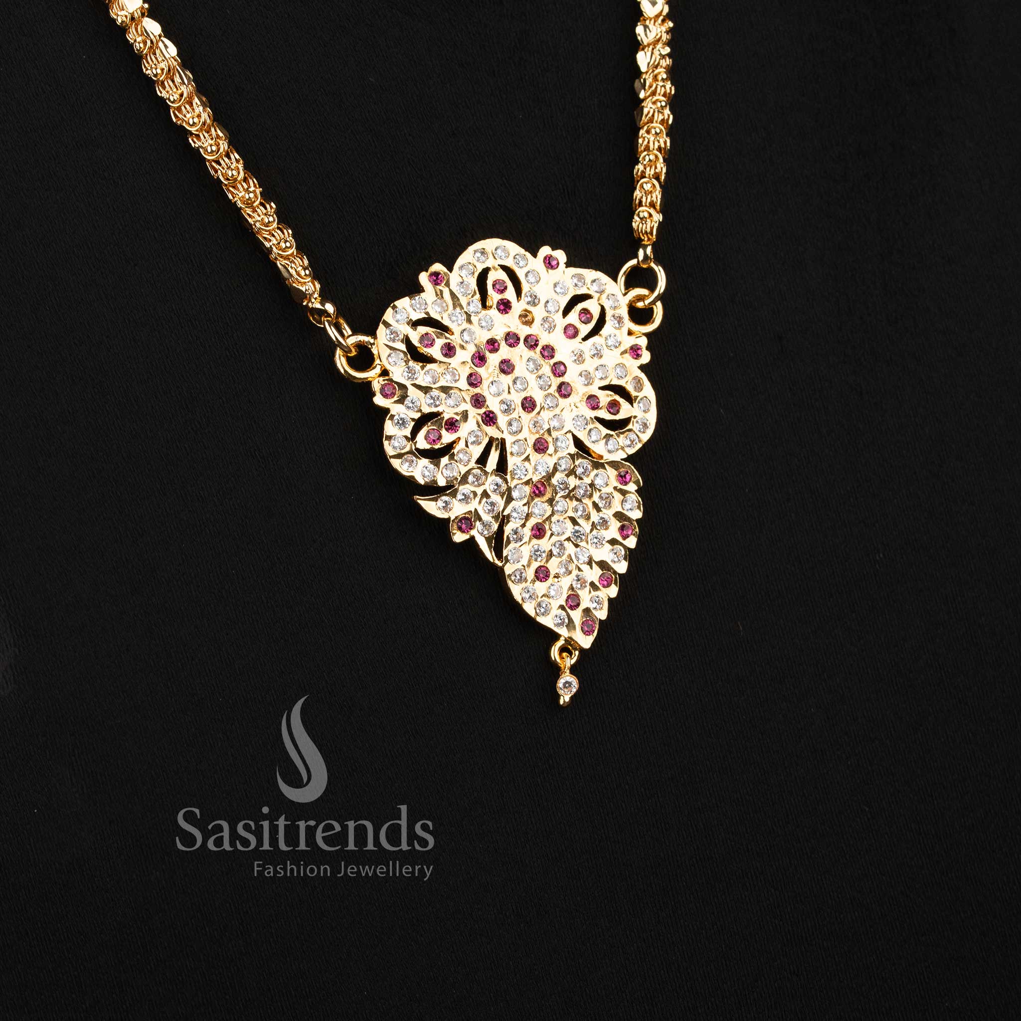 Stylish micro gold plated wedding jewellery haram with brilliant white and pink stone accents.