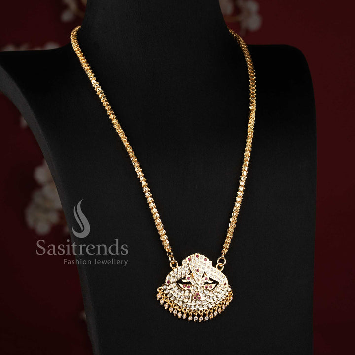 Premium 24 carat look gold plated traditional long pendant necklace ensemble for grand silk sarees.