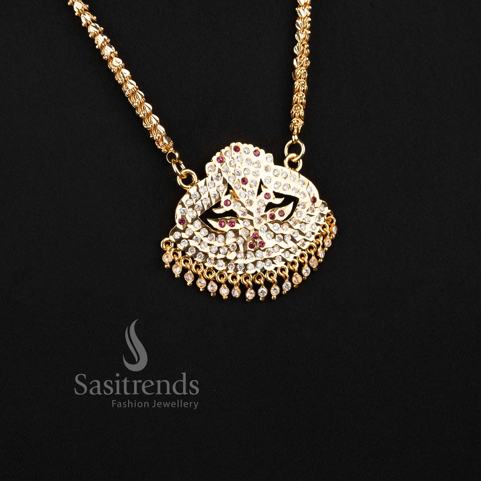 Grand Impon micro gold plated lotus bud textured link long pendant necklace with a twin peacock semicircular AD design by Sasitrends.