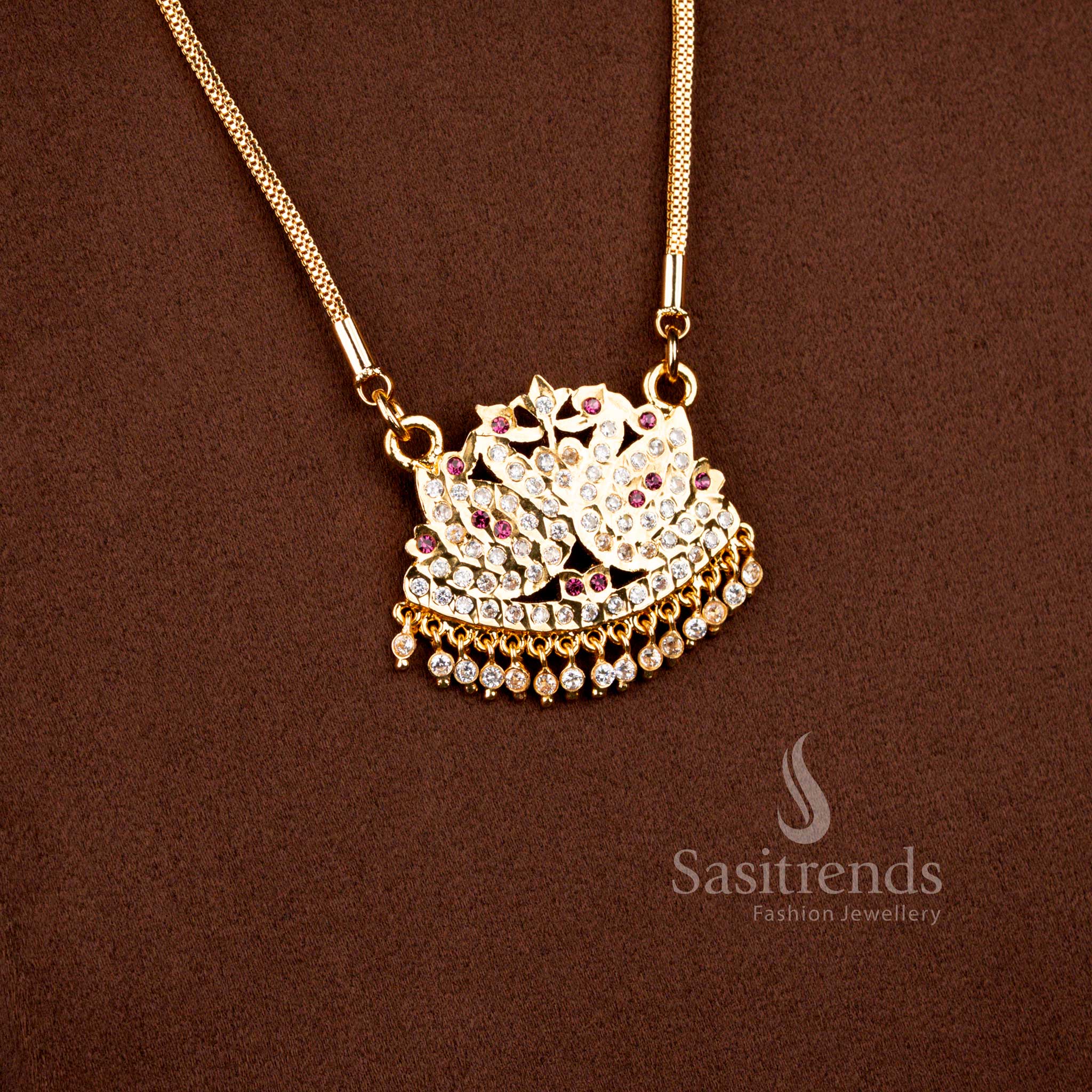 Grand Impon micro gold plated compact mesh link long pendant necklace with a traditional twin peacock shield AD design by Sasitrends