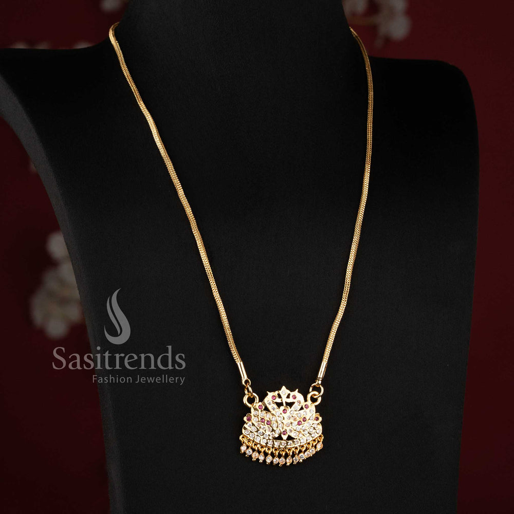Grand Impon micro gold plated compact mesh link long pendant necklace with a traditional twin peacock shield AD design by Sasitrends.