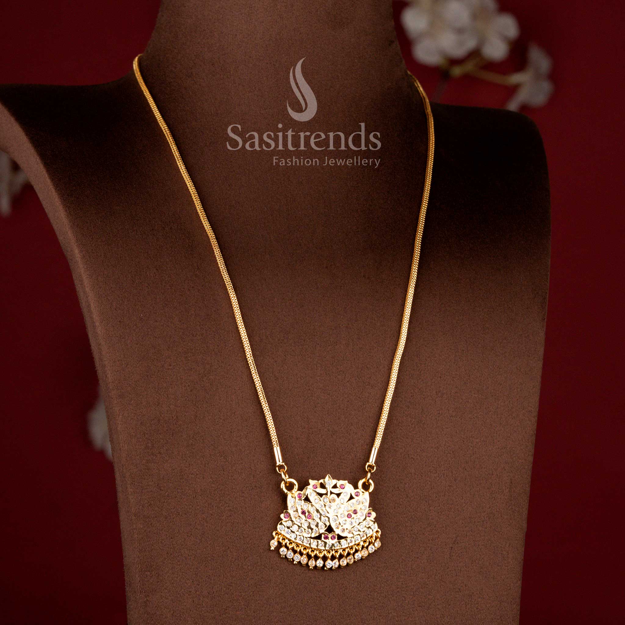 Grand Impon micro gold plated compact mesh link long pendant necklace with a traditional twin peacock shield AD design by Sasitrends