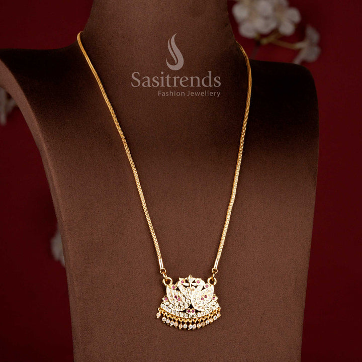 Grand Impon micro gold plated compact mesh link long pendant necklace with a traditional twin peacock shield AD design by Sasitrends