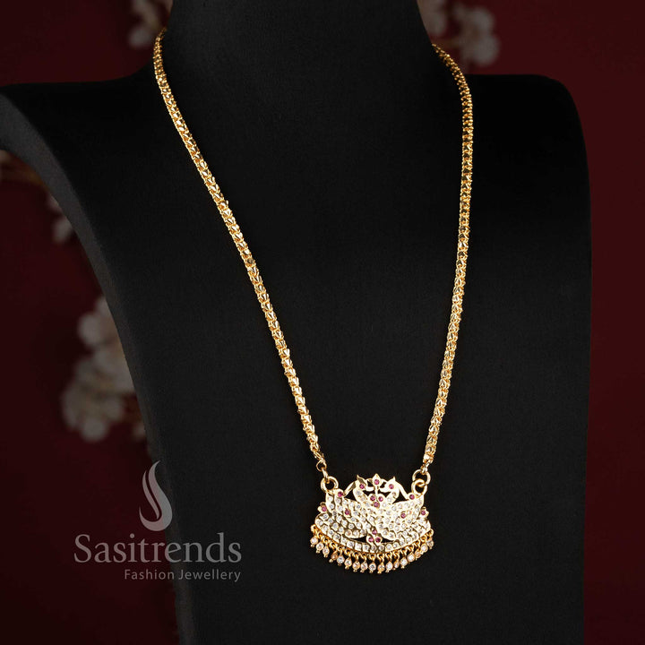 Stunning Impon Micro Gold Plated Lotus Bud Textured Link Long Pendant Necklace with Twin Peacock Shield AD Motif - Sasitrends