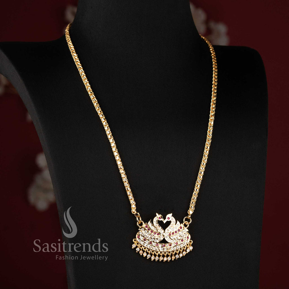 Grand Impon micro gold plated lotus bud textured link long pendant necklace with a traditional twin swan shield AD design by Sasitrends