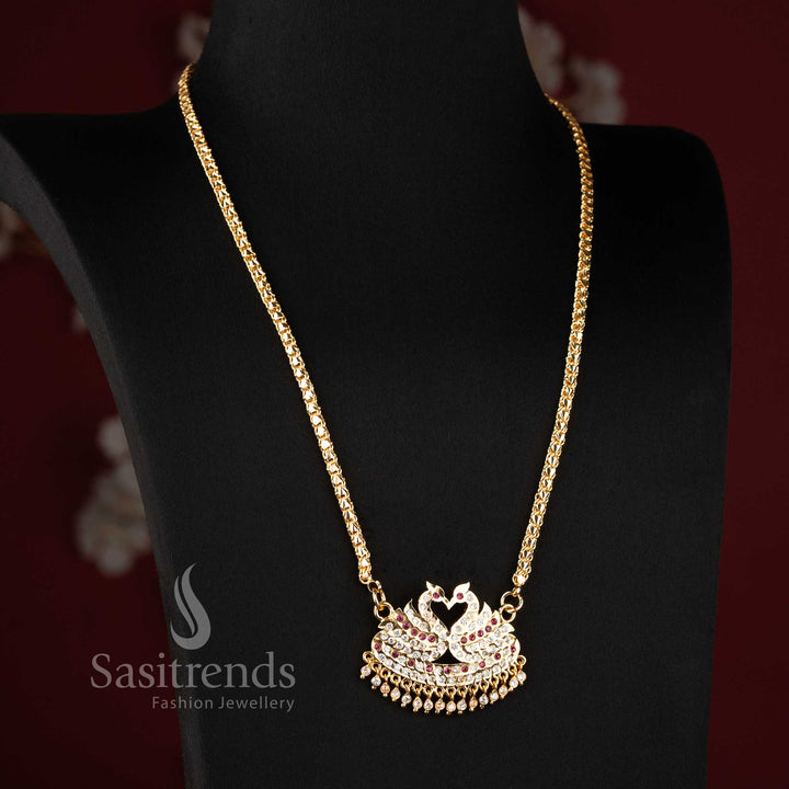 Grand Impon micro gold plated lotus bud textured link long pendant necklace with a traditional twin swan shield AD design by Sasitrends