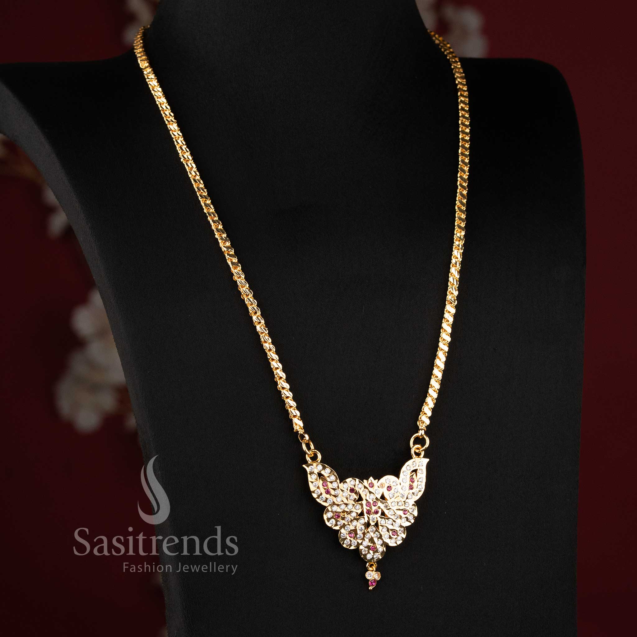 Guaranteed 24 carat look gold plated traditional long pendant necklace ensemble for grand silk sarees.