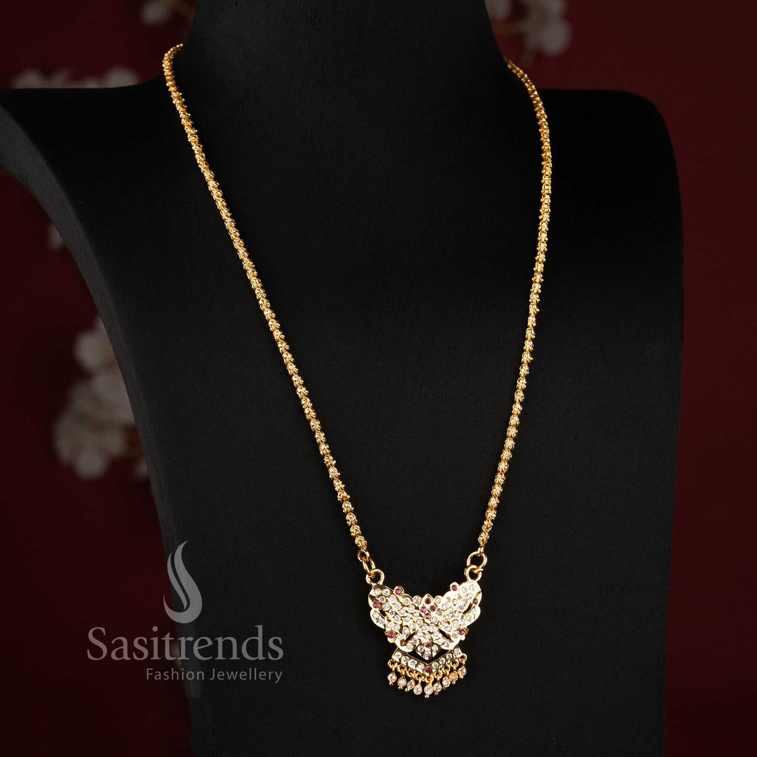 Grand Impon micro gold plated twisted wire rope chain long pendant necklace with a traditional V-shape geometric shield AD design by Sasitrends.
