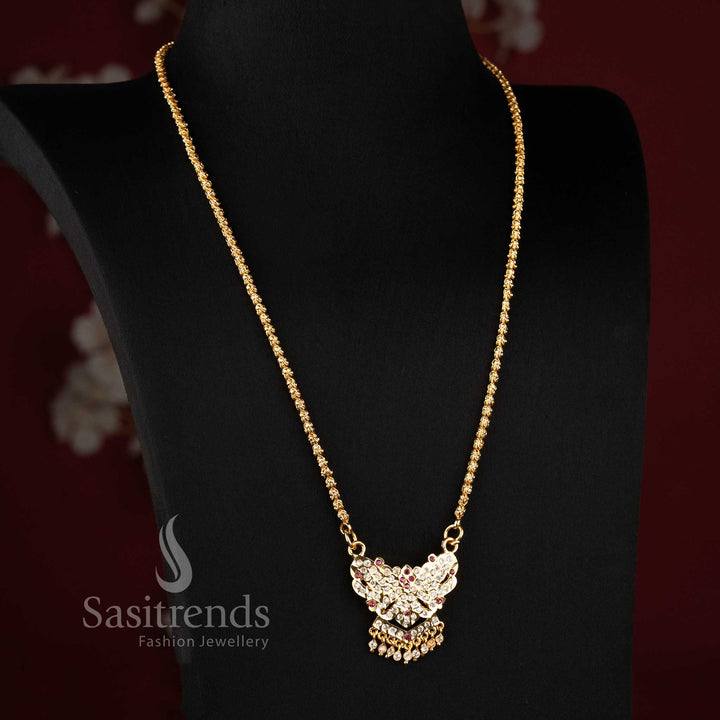 Stunning Impon Micro Gold Plated Interlocking Capsule Ring Chain Long Pendant Necklace with Angular Crest AD Motif For Women