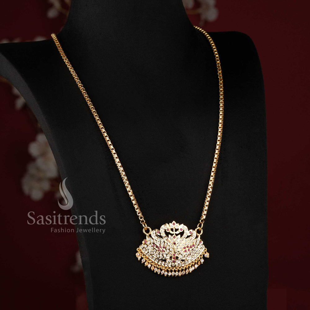 Guaranteed 24 carat look gold plated traditional long pendant necklace ensemble for grand silk sarees.