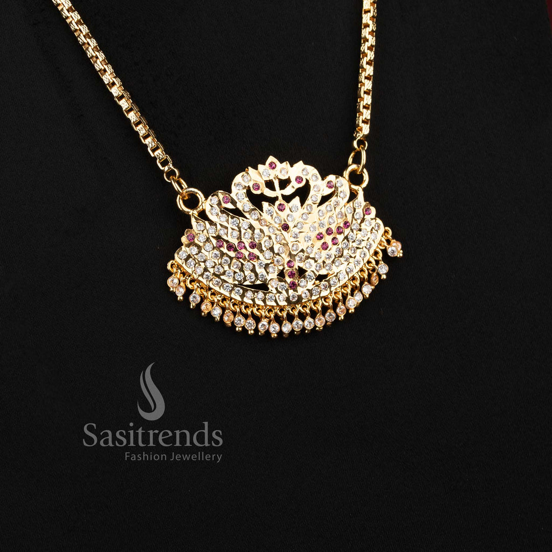 Guaranteed 24 carat look gold plated traditional long pendant necklace ensemble for grand silk sarees.
