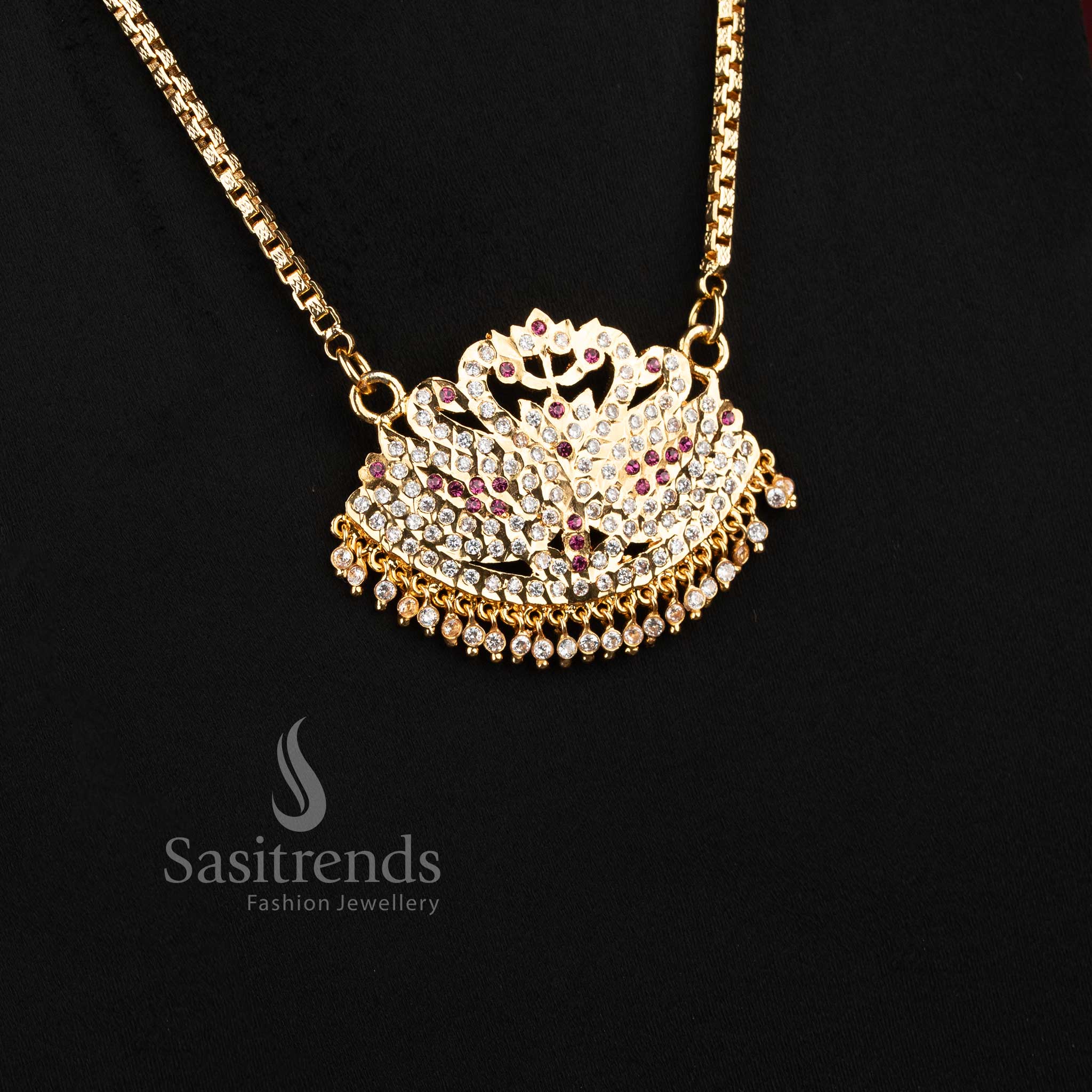 Guaranteed 24 carat look gold plated traditional long pendant necklace ensemble for grand silk sarees.