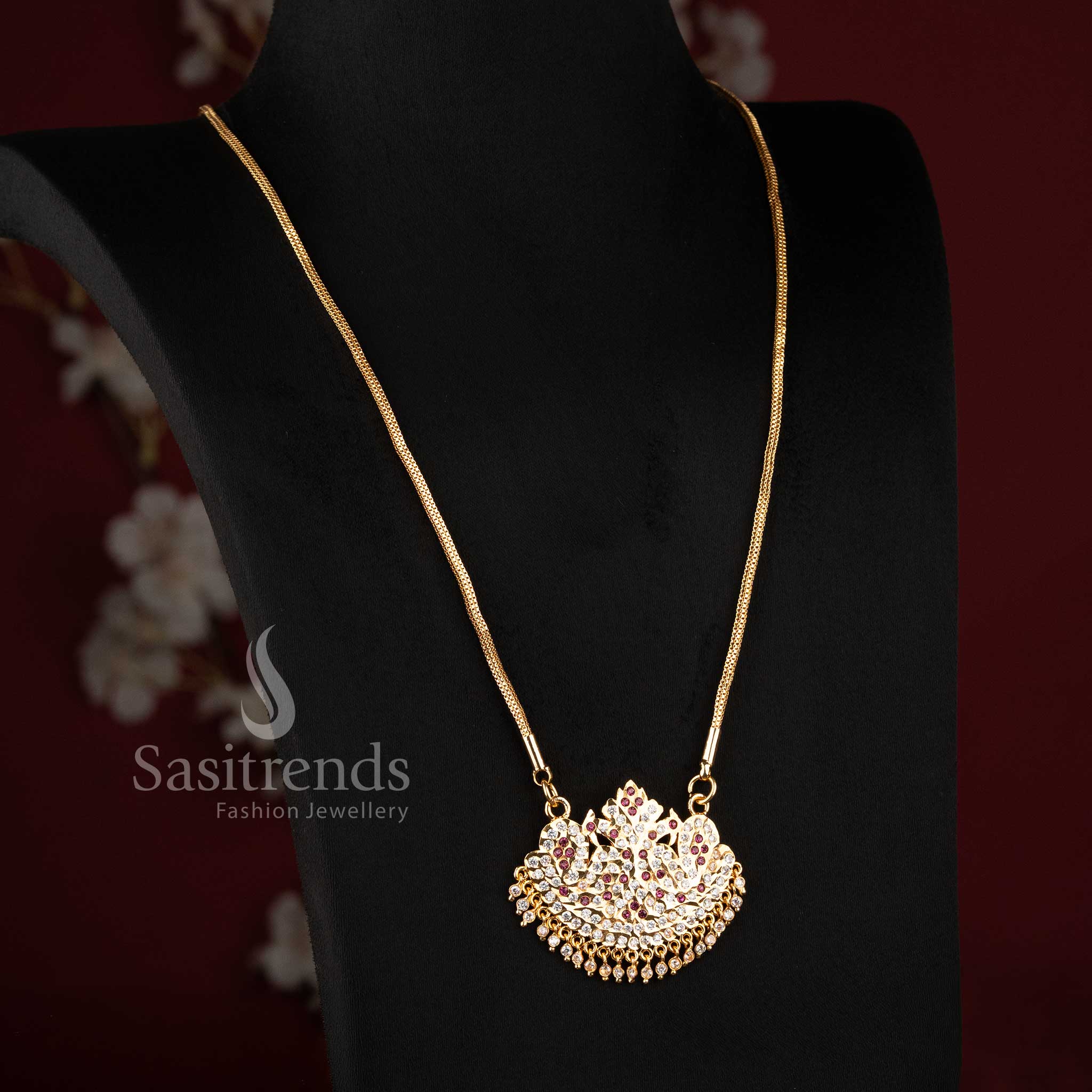 Guaranteed 24 carat look gold plated traditional long pendant necklace ensemble for grand silk sarees - Sasitrends