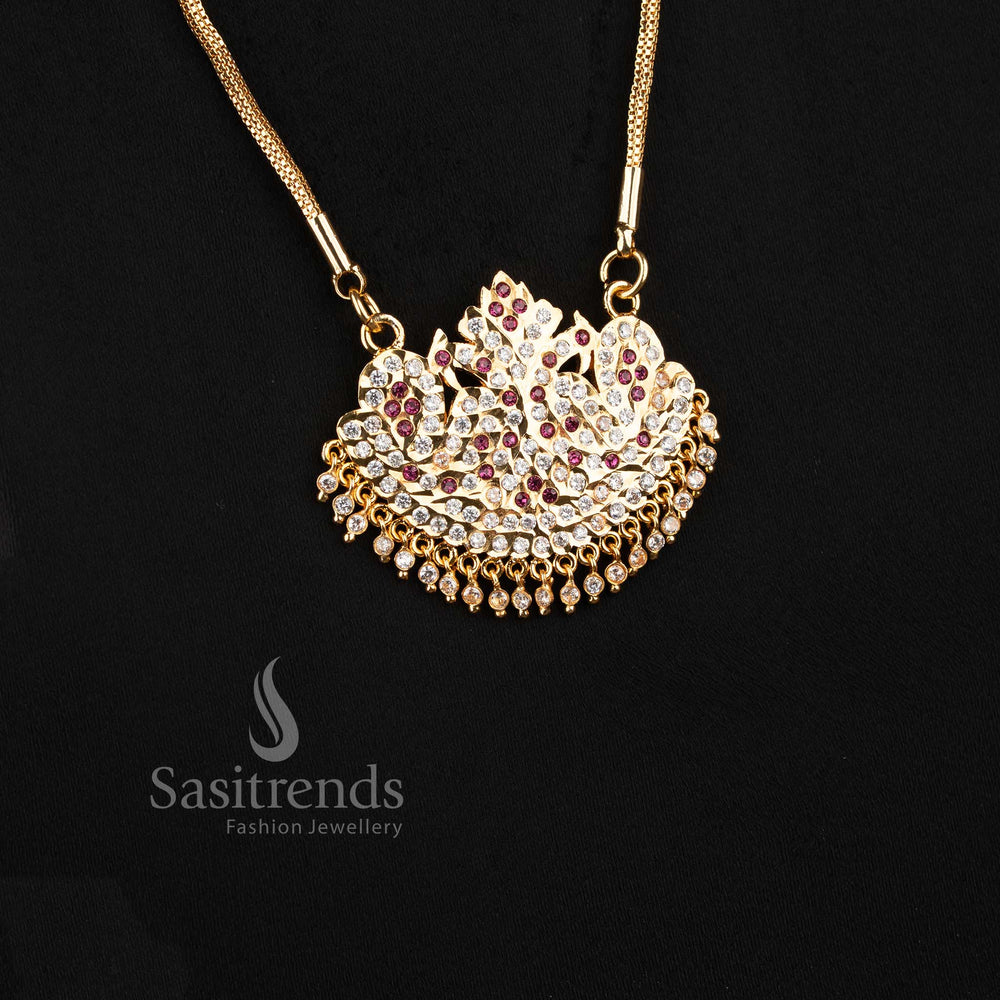 Close-up of an elegant traditional wear interlocking mesh chain layout with a stone-studded bird motif semicircular pendant.