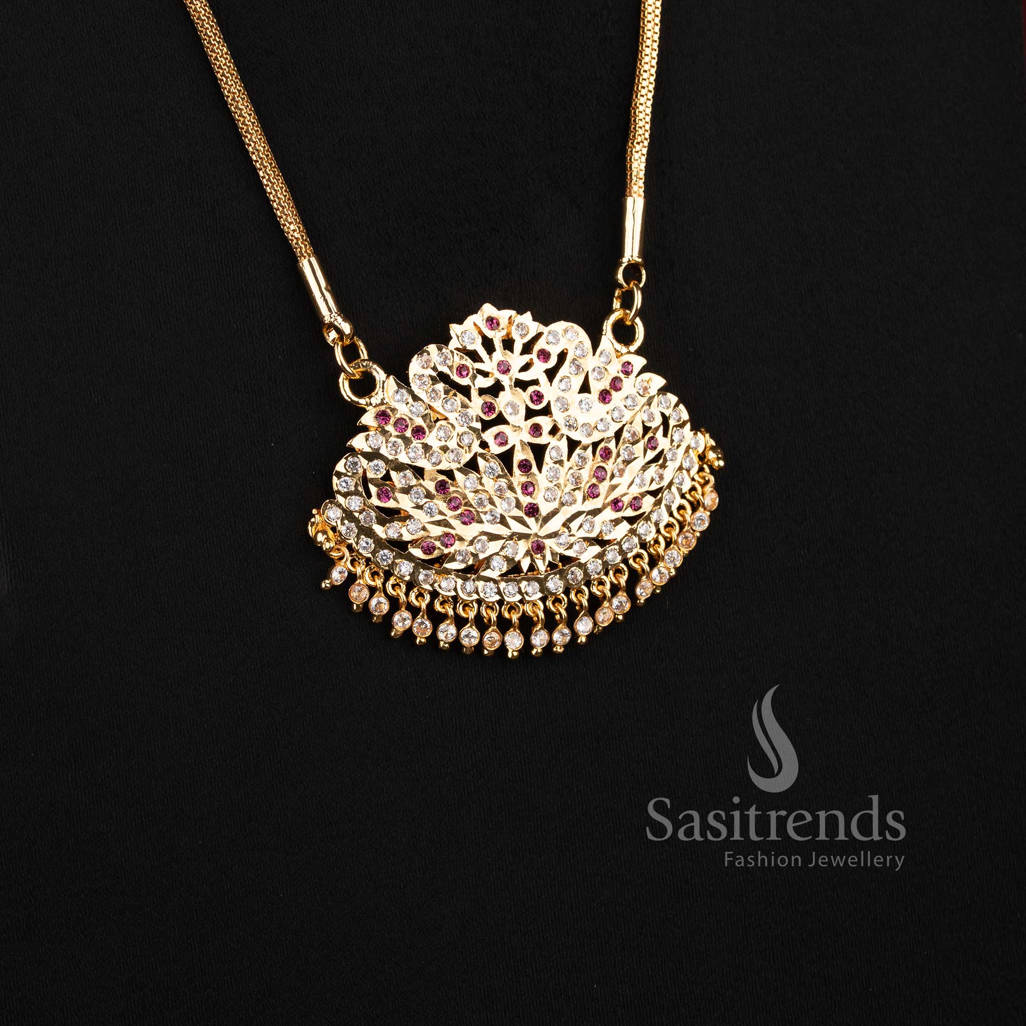Grand Impon micro gold plated compact mesh link long pendant necklace with a traditional twin peacock semicircular AD design by Sasitrends.