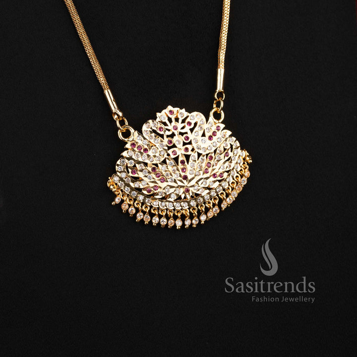 Amazing Impon Micro Gold Plated Compact Mesh Chain Long Haram with Twin Peacock Semicircular AD Pendant for Traditional Wear