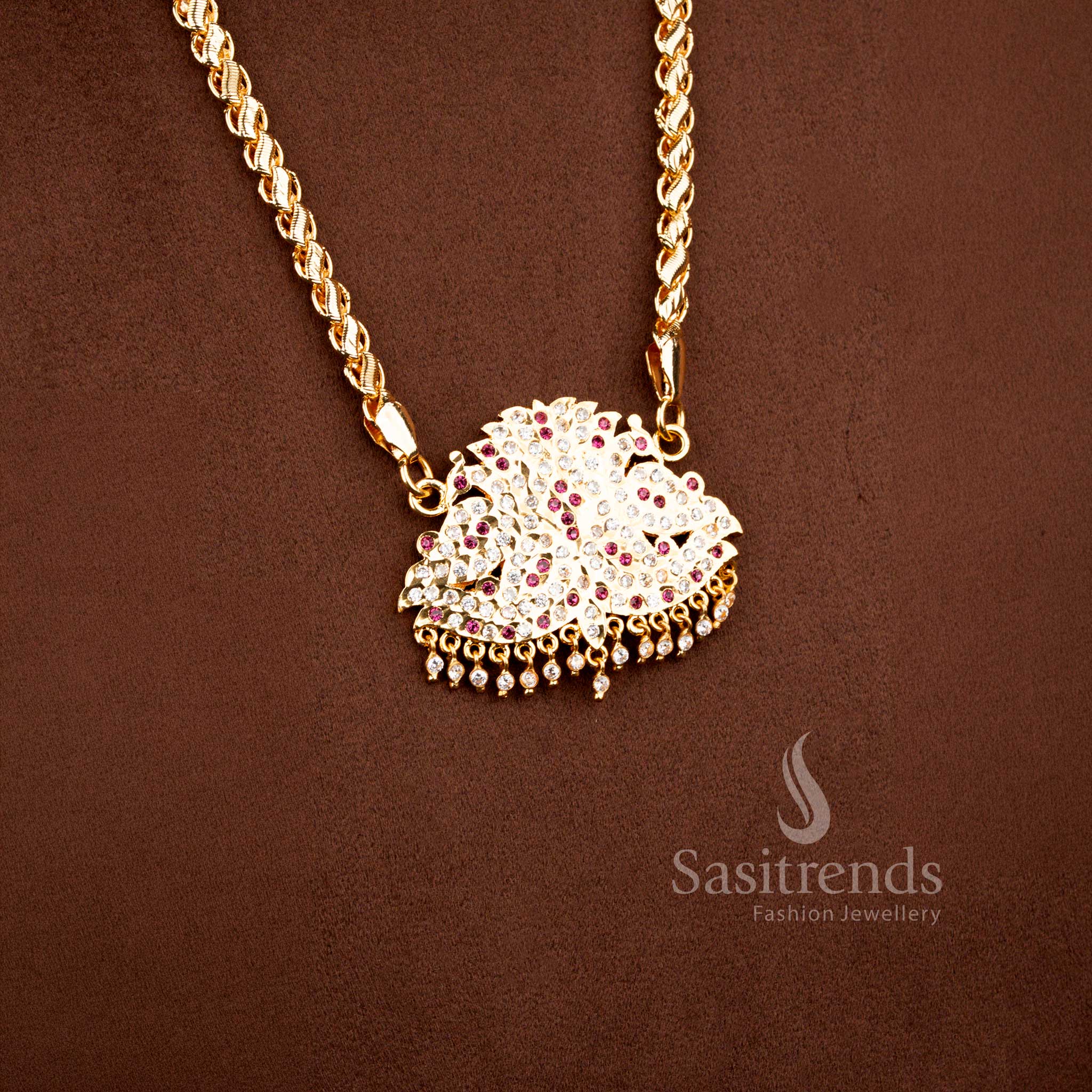 Traditional Guaranteed Micro Gold Plated Mesh Chain Haram with Semicircular Peacock Pendant - Sasitrends