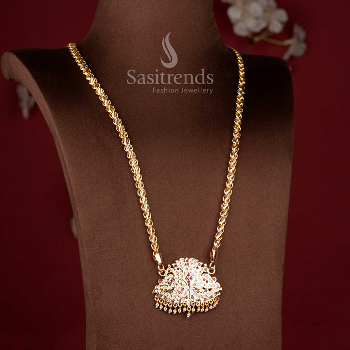 Guaranteed Impon Micro Gold Plated Compact Mesh Chain Long Haram with Twin Peacock AD Pendant - Sasitrends