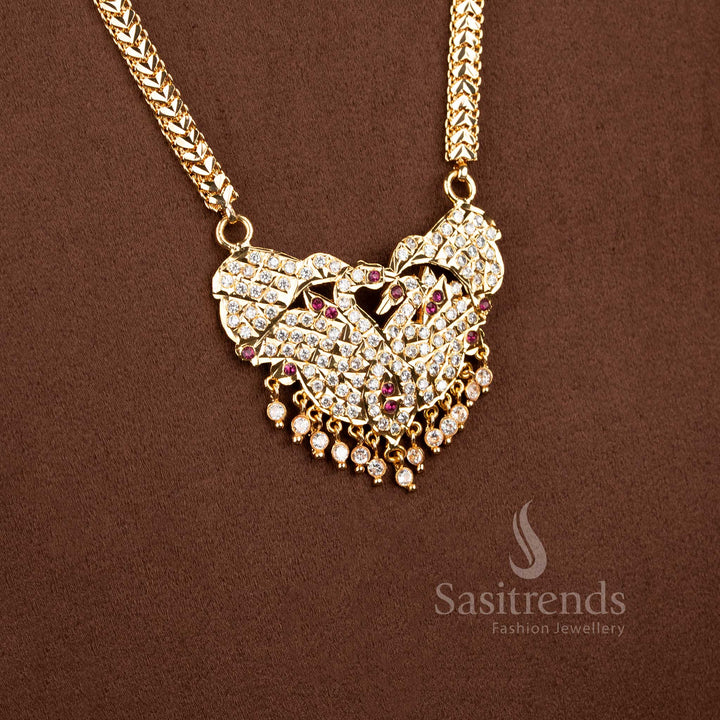 One Gram 24K Impon Micro Gold Plated Dual Peacock Diamond Long Pendant Haram Necklace - Sasitrends
