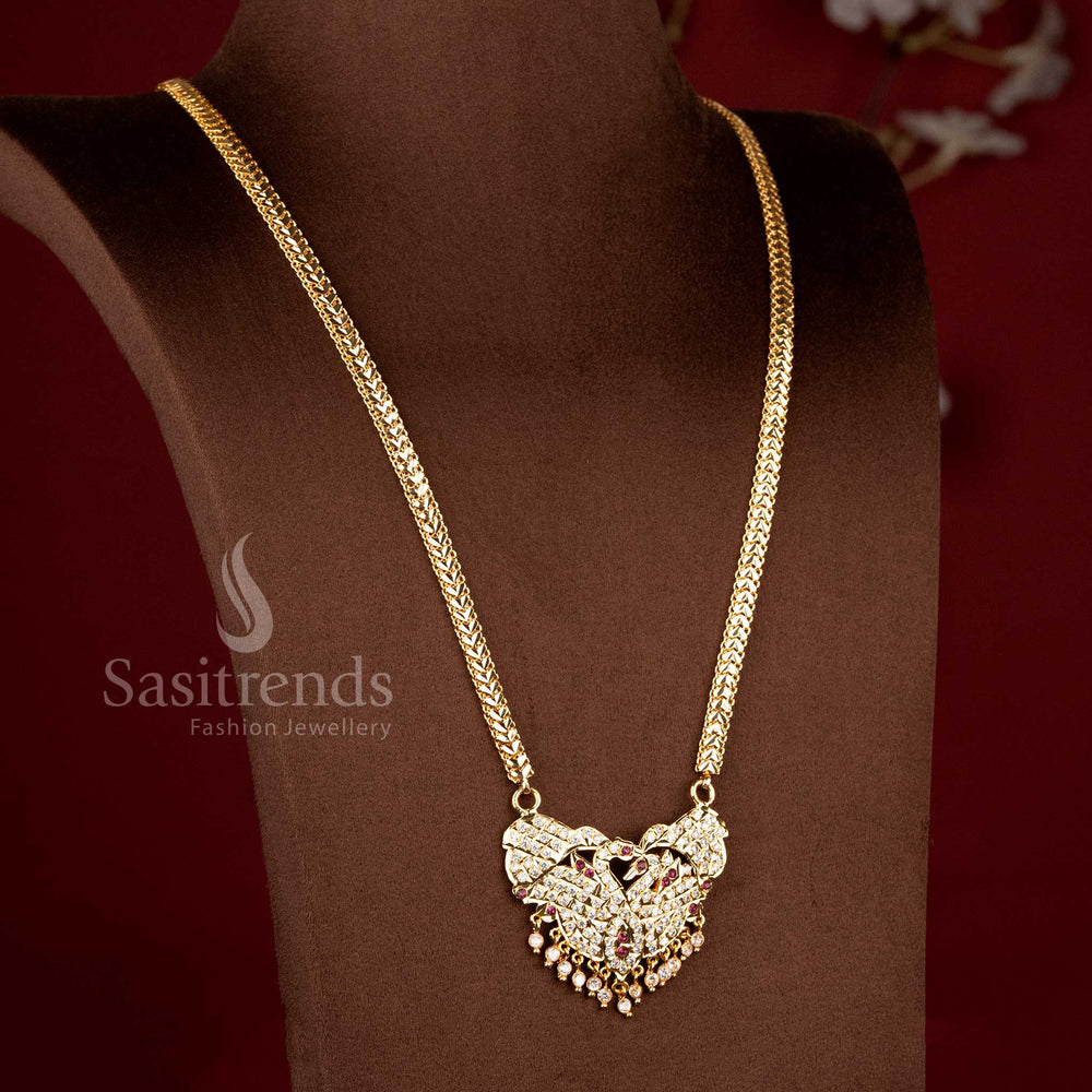 One Gram 24K Impon Micro Gold Plated Dual Peacock Diamond Long Pendant Haram Necklace - Sasitrends