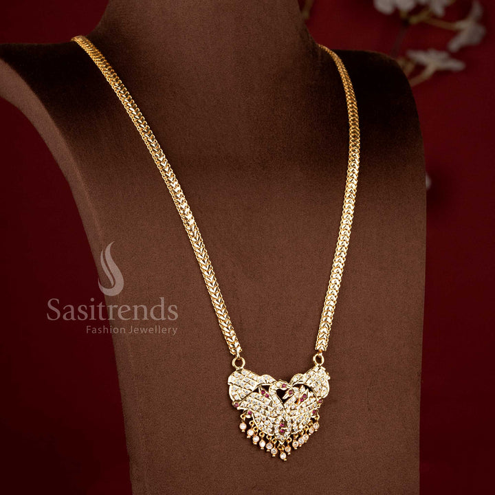 One Gram 24K Impon Micro Gold Plated Dual Peacock Diamond Long Pendant Haram Necklace - Sasitrends