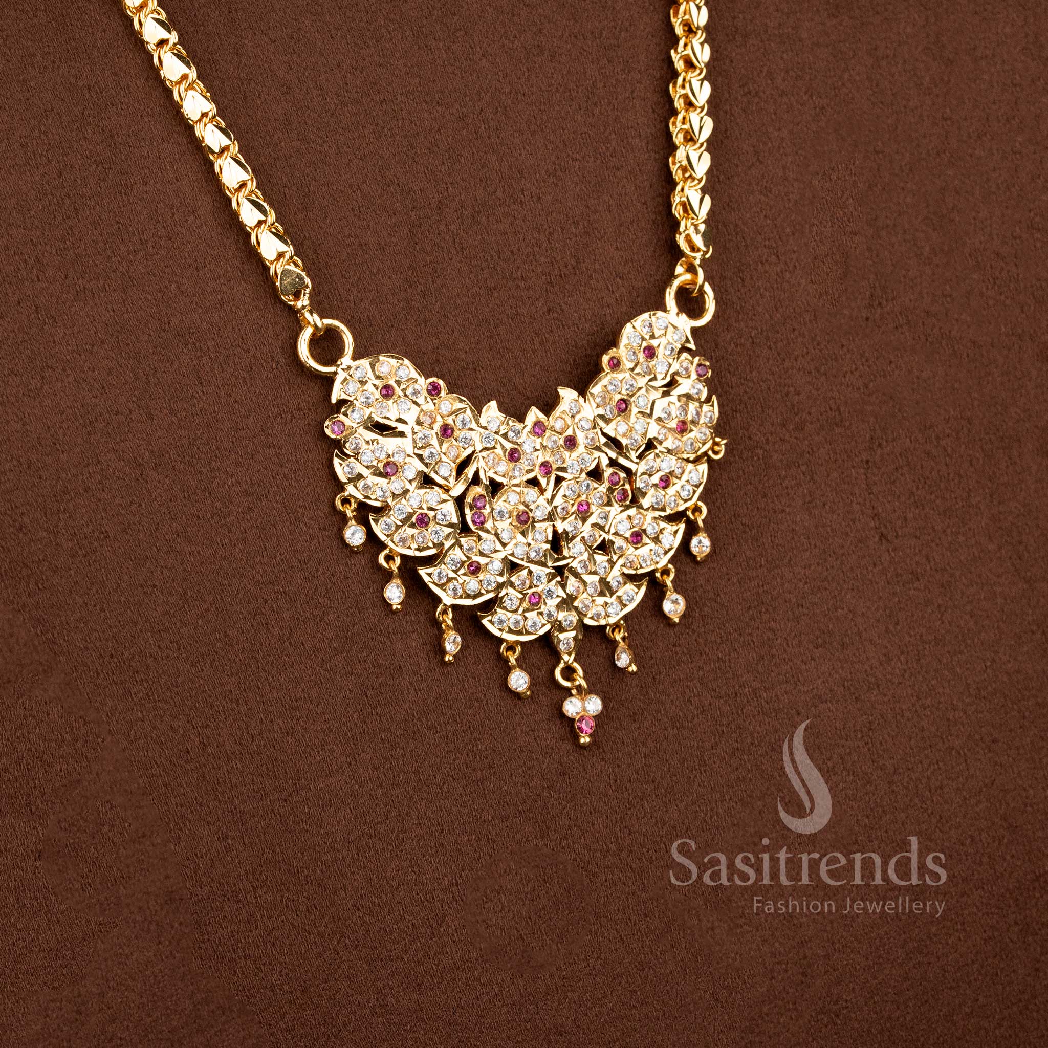 One Gram 24K Impon Micro Gold Plated Diamond Stone Leaf Cluster Long Pendant Haram Necklace - Sasitrends