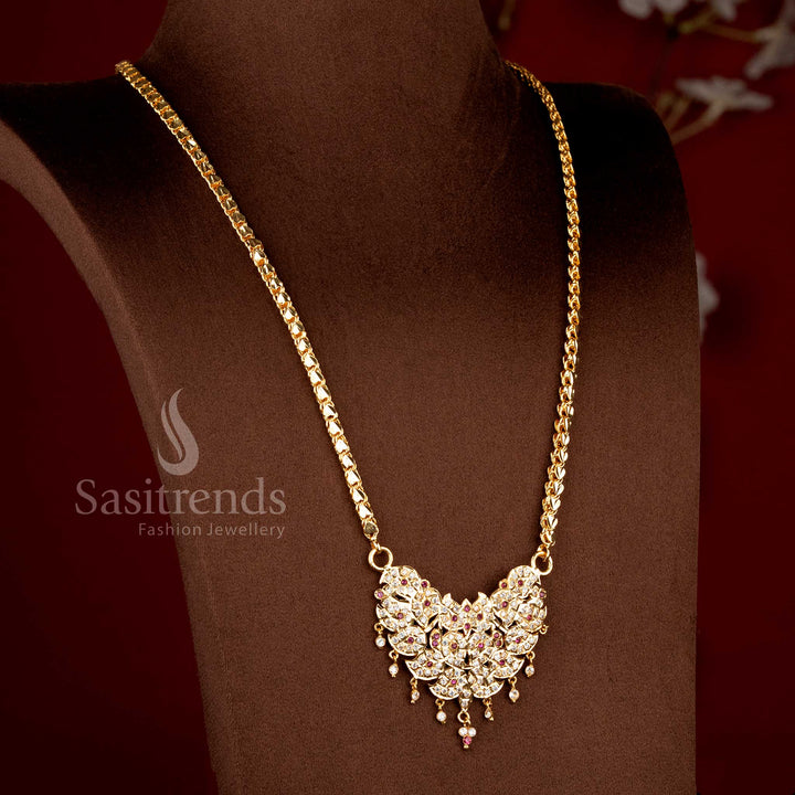 One Gram 24K Impon Micro Gold Plated Diamond Stone Leaf Cluster Long Pendant Haram Necklace - Sasitrends