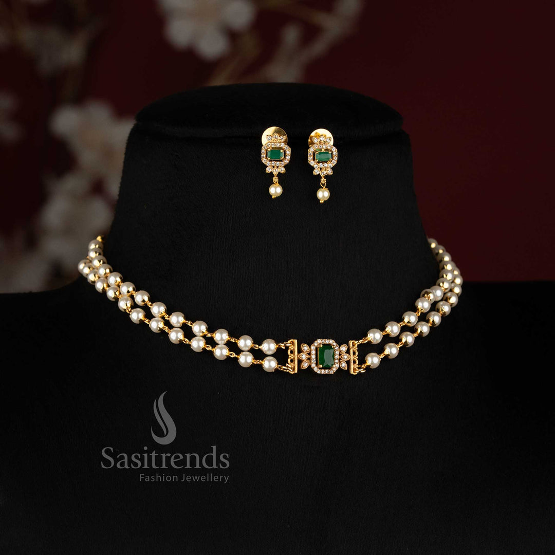 Matte Gold Plated Two Layer Pearl Choker Necklace Set with AD Pendant and Matching Earrings - Sasitrends