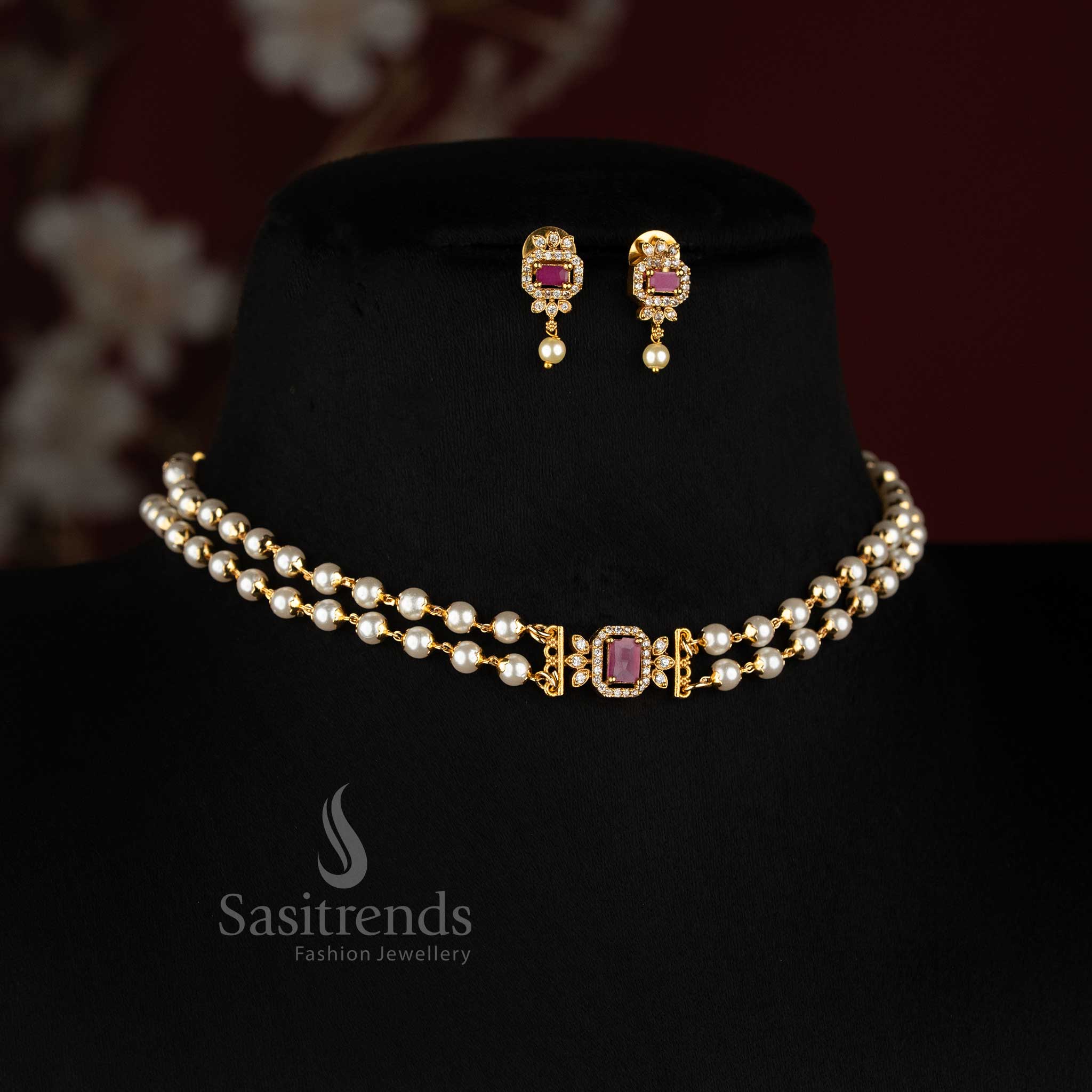 Elegant Two Layer Pearl Choker with AD Stone Pendant for Temple Wear - Sasitrends