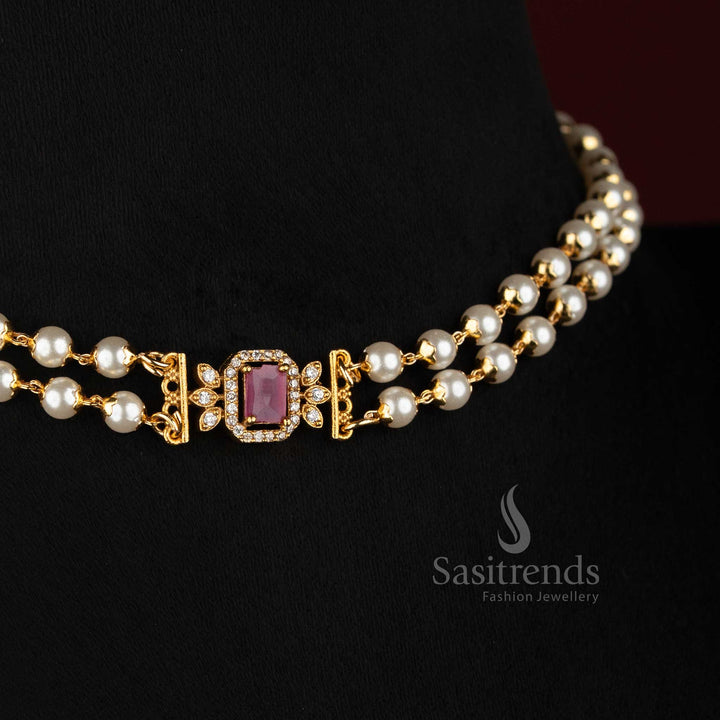 Elegant Two Layer Pearl Choker with AD Stone Pendant for Temple Wear - Sasitrends
