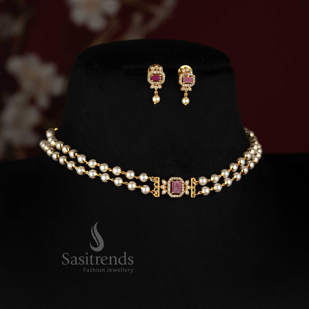 Matte Gold Plated Pearl Choker AD Stone Necklace Set for Wedding and Festive Wear - Sasitrends