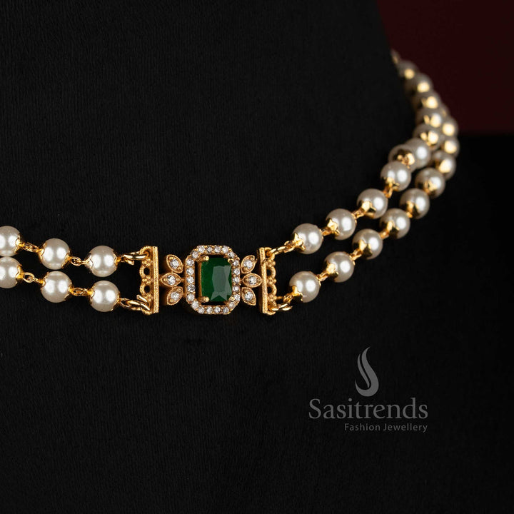 Stunning Matte Gold Plated Two Layer Pearl Choker Necklace Set with AD Pendant & Matching Earrings For Temple Wear - Sasitrends