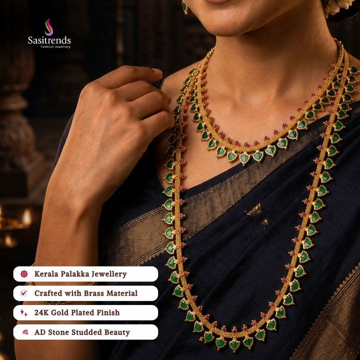 Guaranteed kerala style Micro gold plated AD stone palakka short long necklace - Sasitrends