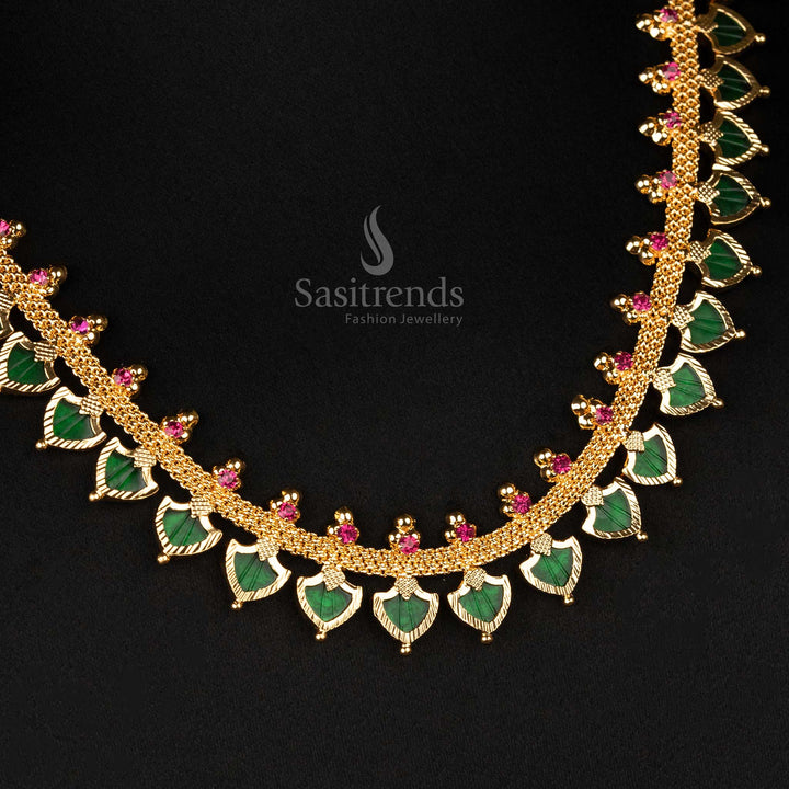 Traditional Palakka Necklace with 25 Petal green Palakka Stones and Pink Stones - One Gram Micro Gold Plated, Perfect Match for Silk Sarees - Sasitrends