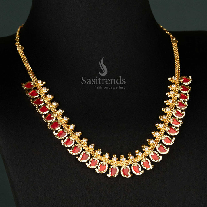 Vibrant Red Mango Necklace - One Gram Micro Gold Plated with Pink Stones, Traditional Kerala Jewellery Collection - Sasitrends