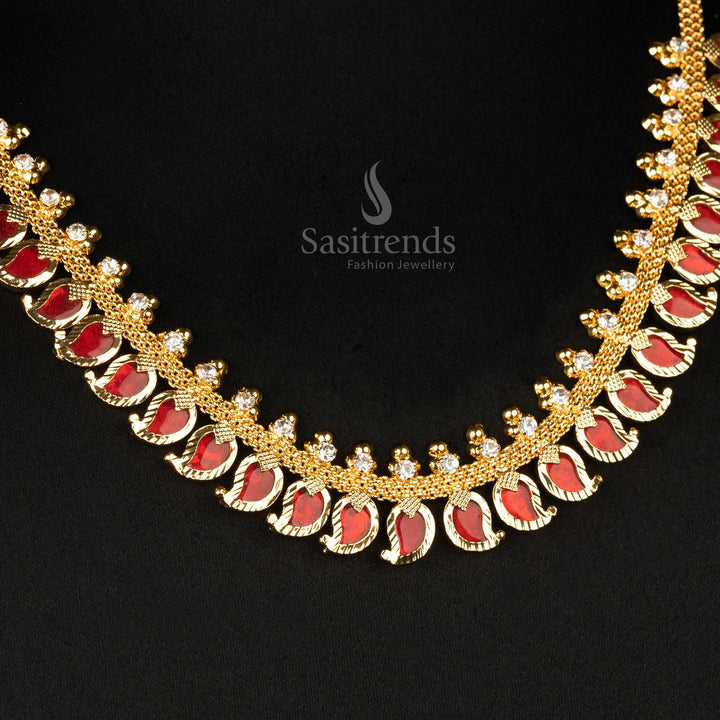 Bold Red Mango Necklace - One Gram Micro Gold Plated with Pink Stones, Kerala’s Latest Trend in Jewellery - Sasitrends