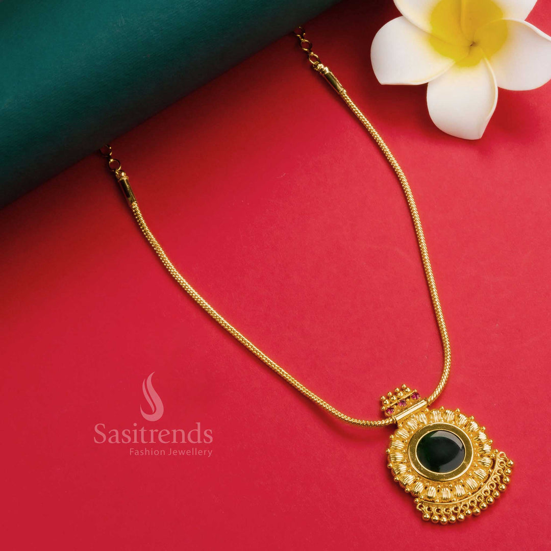 Unique artistic Palakka Elegance circular masterpiece pendant, suspended from a durable micro gold-plated chain necklace, showcasing intricate detailing and exquisite design from Sasitrends