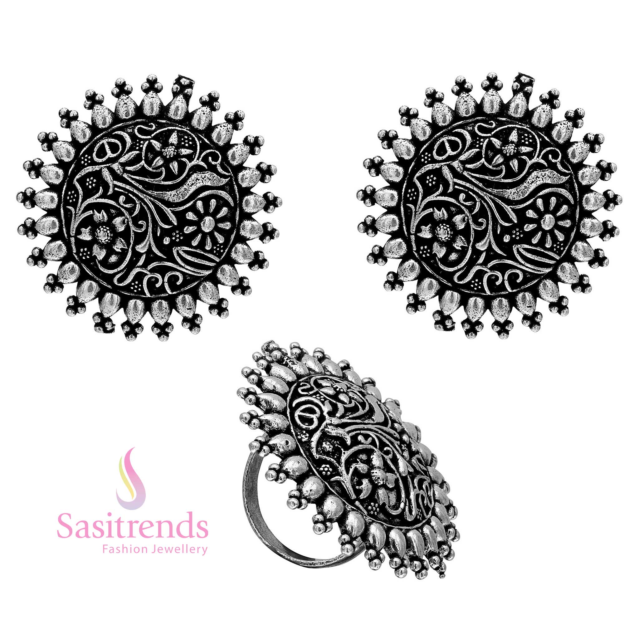 Oxidised Silver Tops and Large Adjustable Ring Combo Set 1652A
