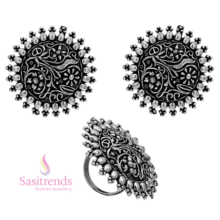 Sasitrends Statement Oxidised Earrings Tops & Ring Set - Bold Allure Series