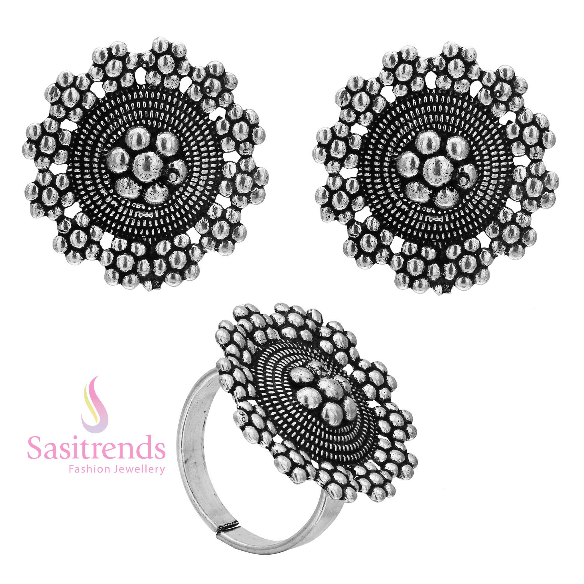 Intricate Spiral and Dot Embellishments on Oxidised Silver Tops and Ring Set 1652B