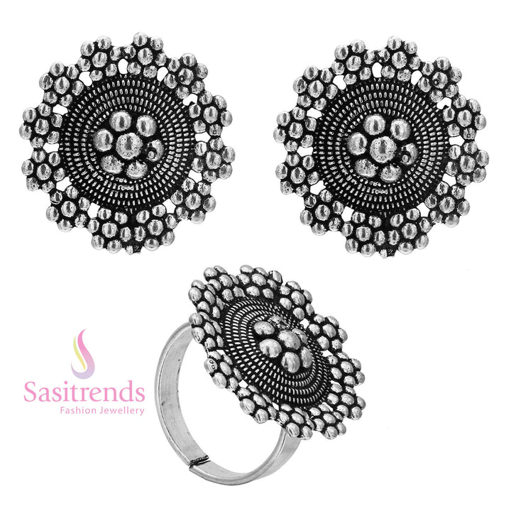 Intricate Spiral and Dot Embellishments on Oxidised Silver Tops and Ring Set 1652B