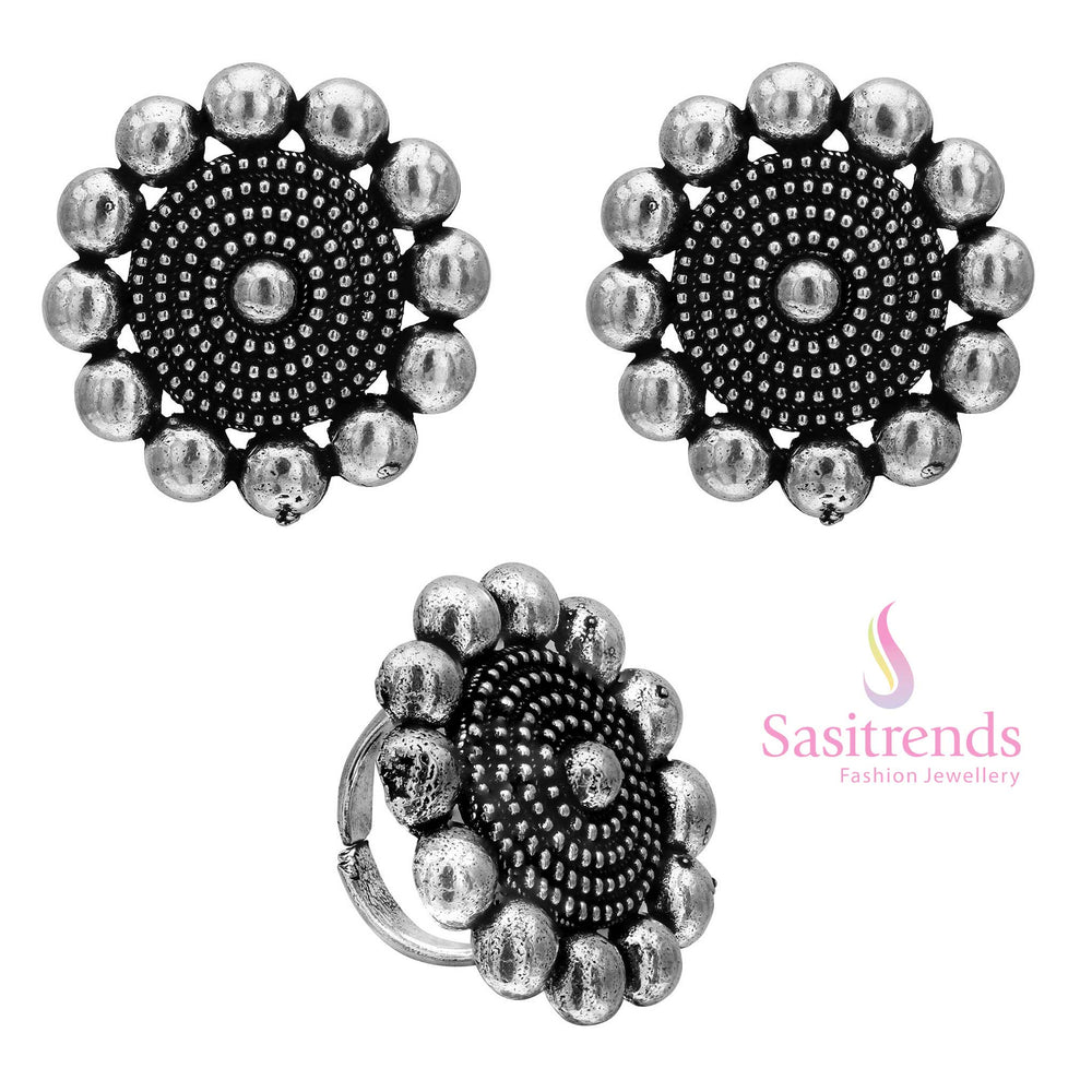 Oxidised Silver Earrings and Ring Set with Bubble Border and Textured Center Design 1652C Navarathiri Special