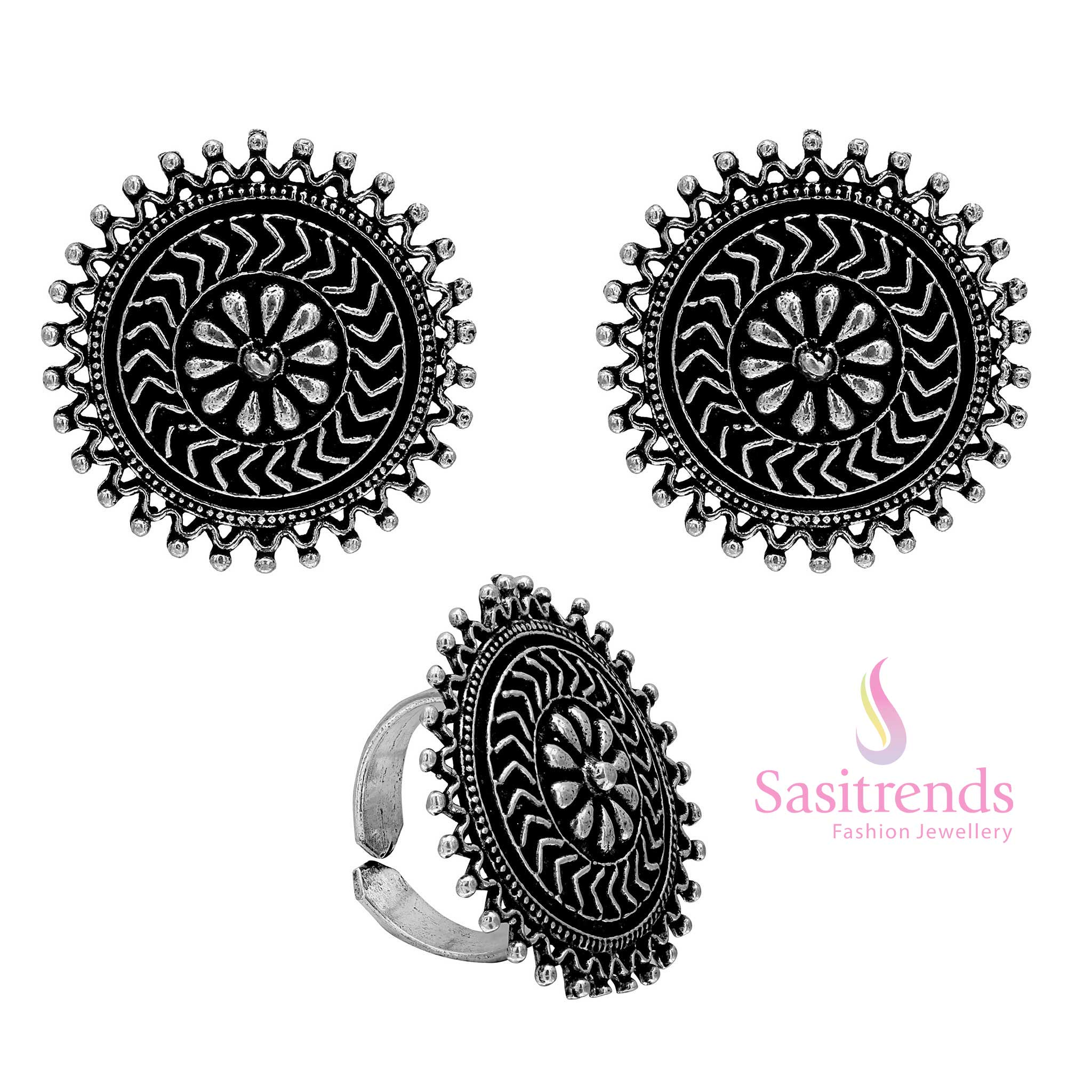 Oxidised Silver Stud Earrings and Ring with Floral Center and Radiating Patterns 1652D