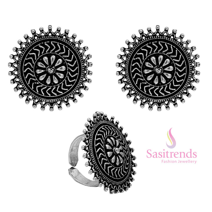 Oxidised Silver Stud Earrings and Ring with Floral Center and Radiating Patterns 1652D