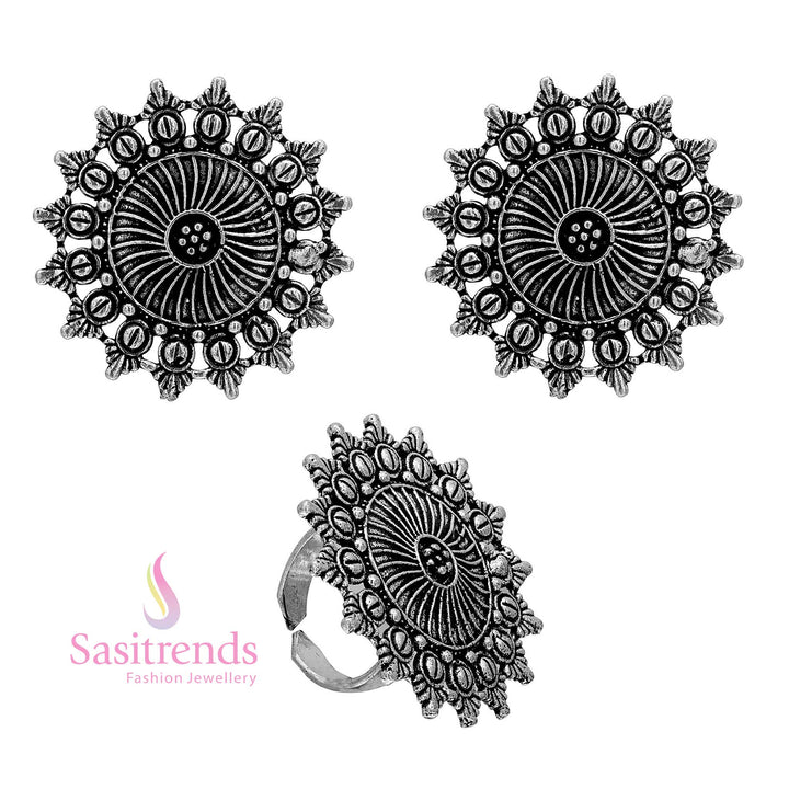 Latest Oxidised Earrings and Ring with Sunburst Design and Petal Edging For Navarathiri 1652E