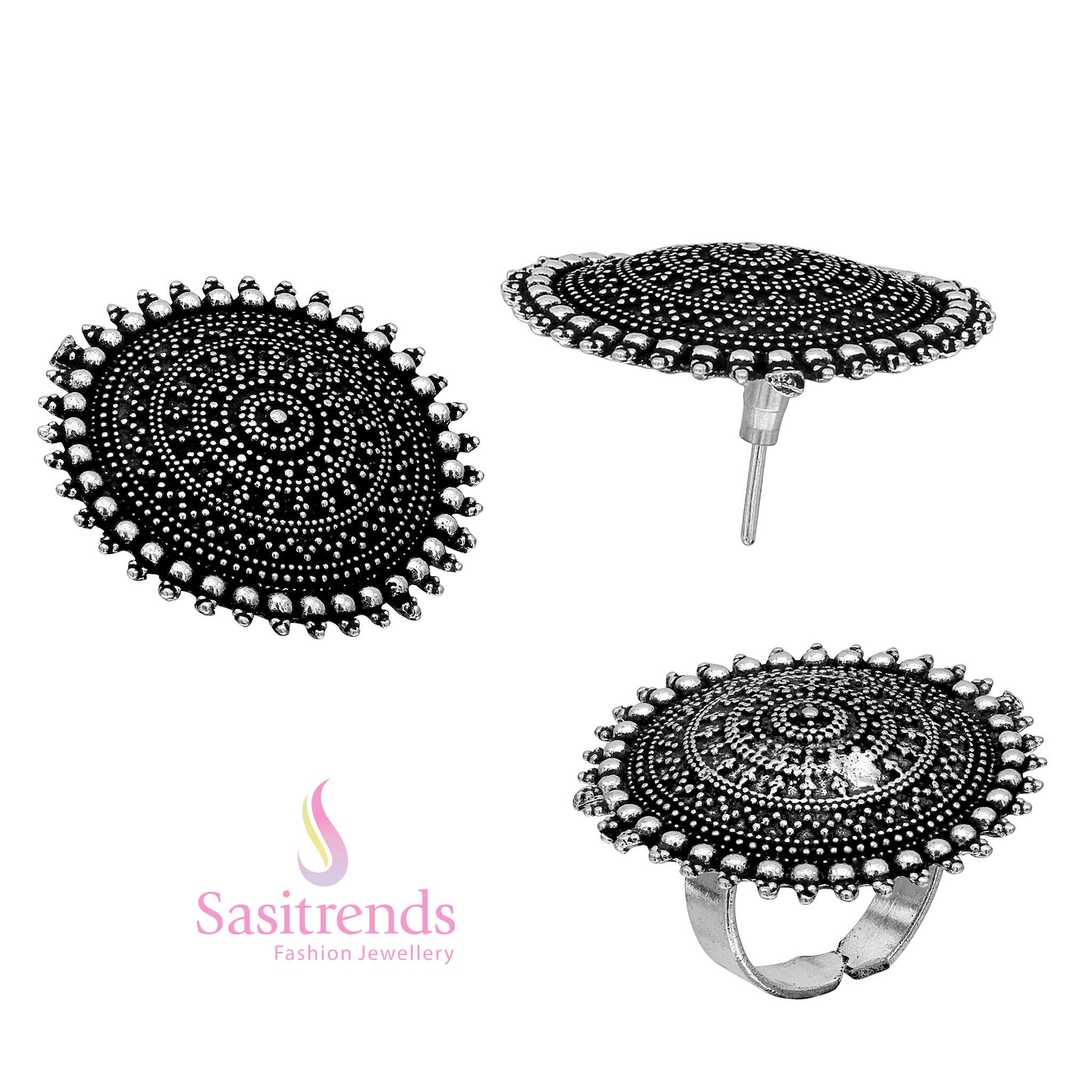 Oxidised Silver Granule Spiral Design Tops Earrings and Adjustable Ring Set Navarathiri Wear