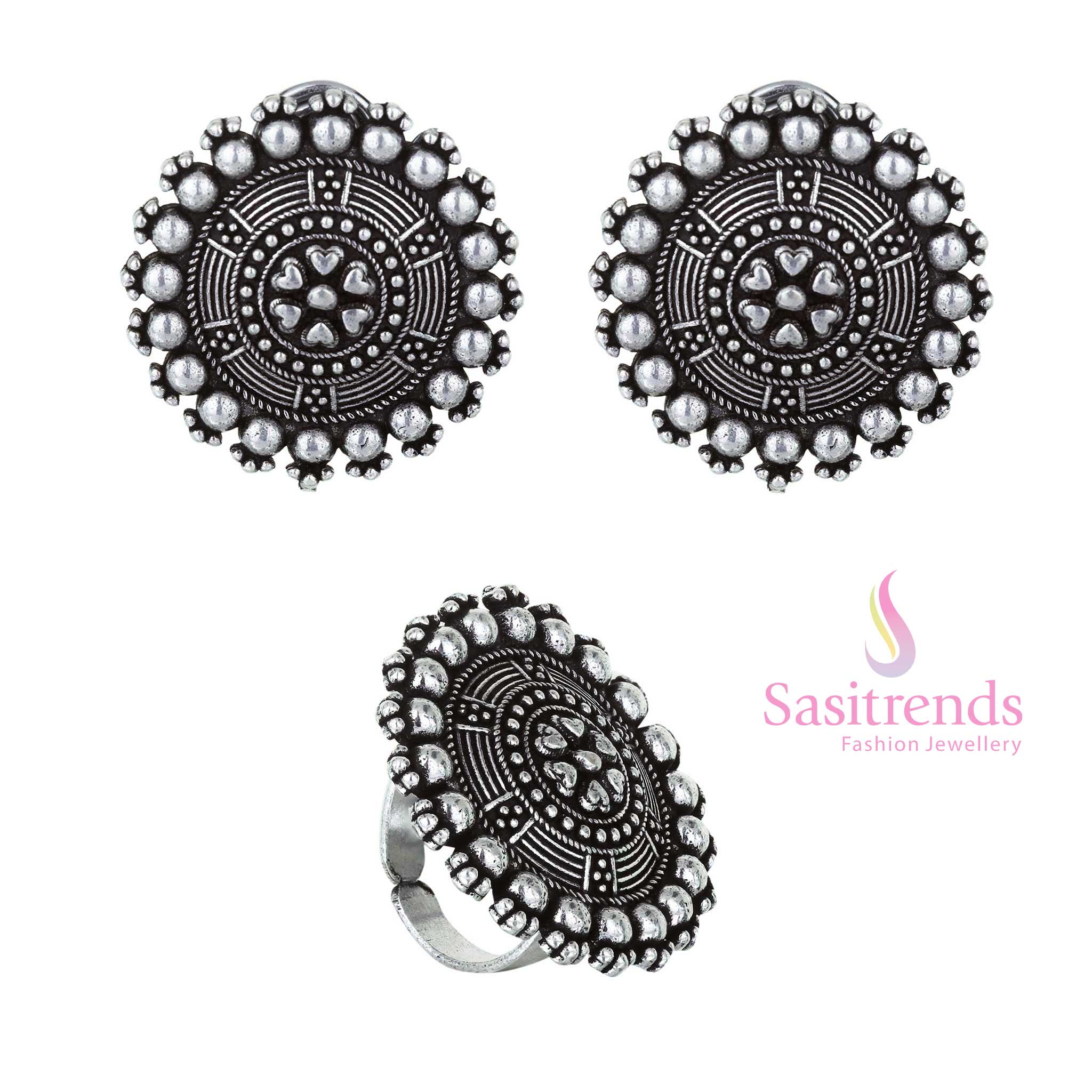 Navarathiri Special Oxidised Silver Floral Tops and Adjustable Ring Set 