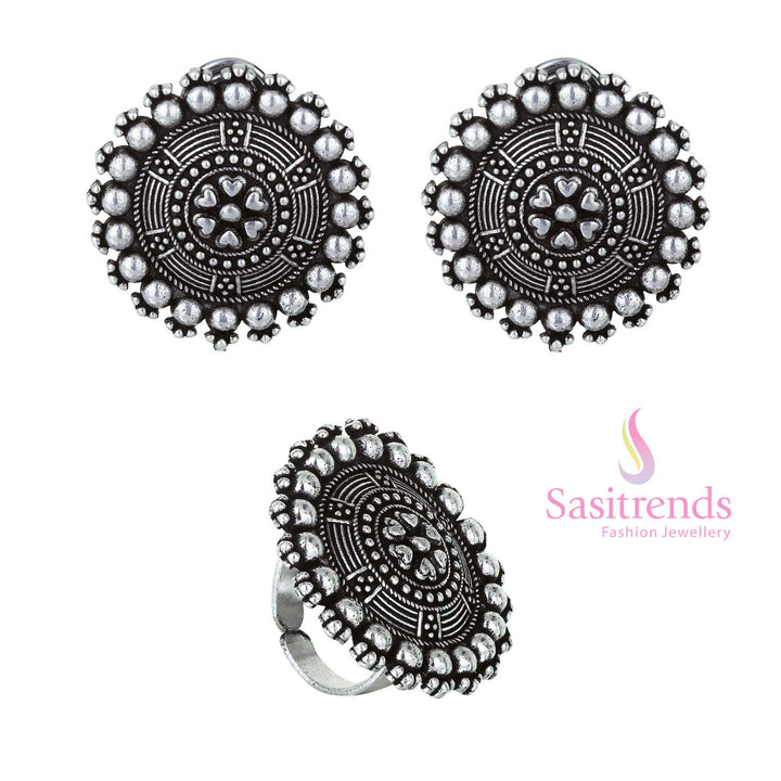 Navarathiri Special Oxidised Silver Floral Tops and Adjustable Ring Set 